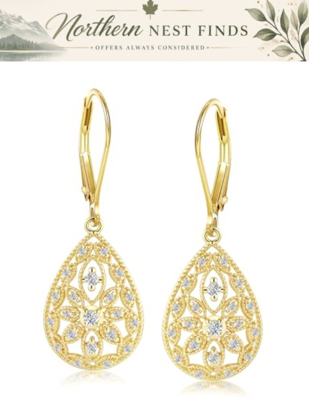 Teardrop Filigree Dangle Earrings 14k Gold 925 Sterling Silver Cubic Zirconia